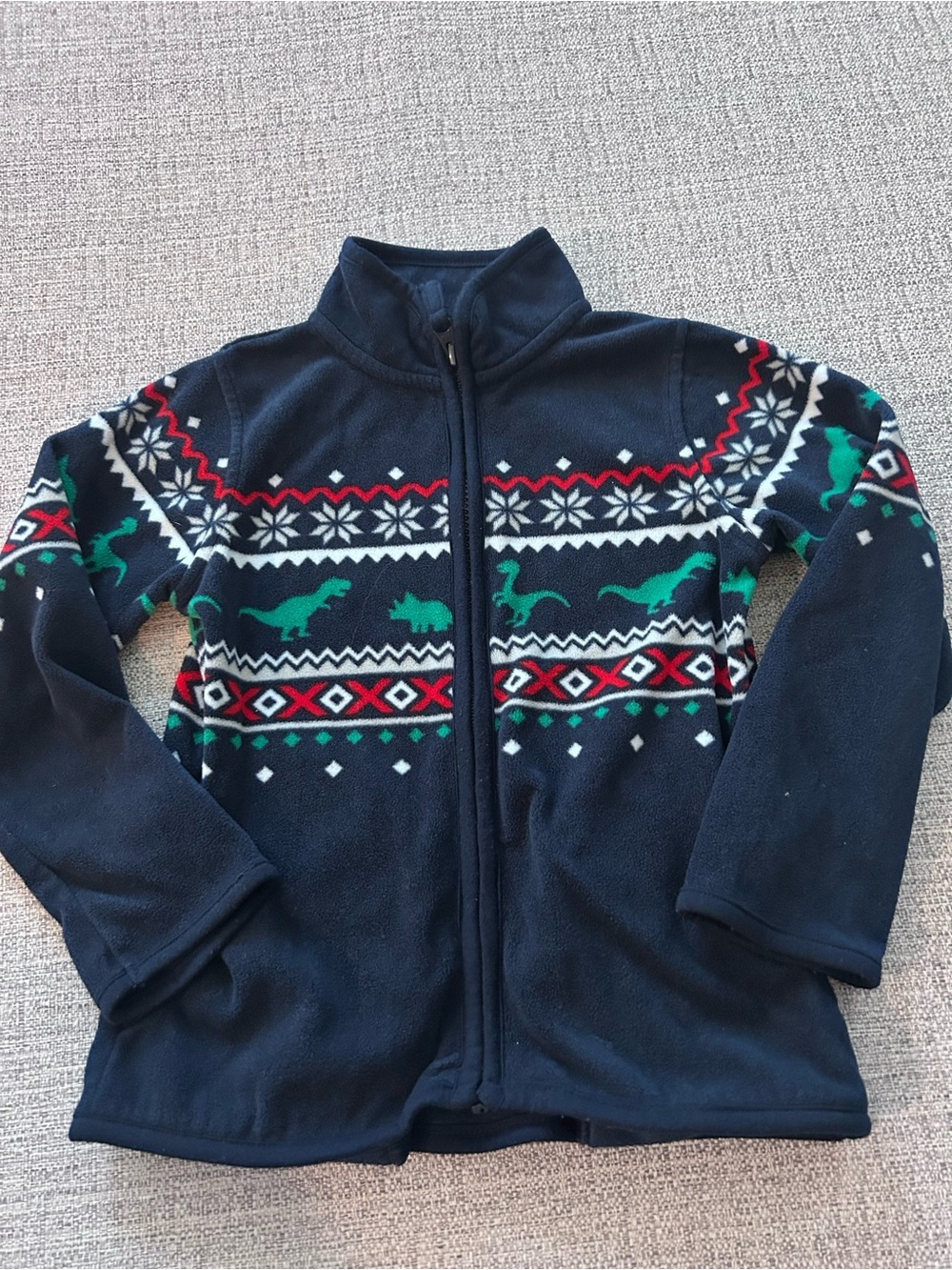 Falls Creek Navy Zip-Up Fleece with Green Dinosaur Fair Isle. Size 4T